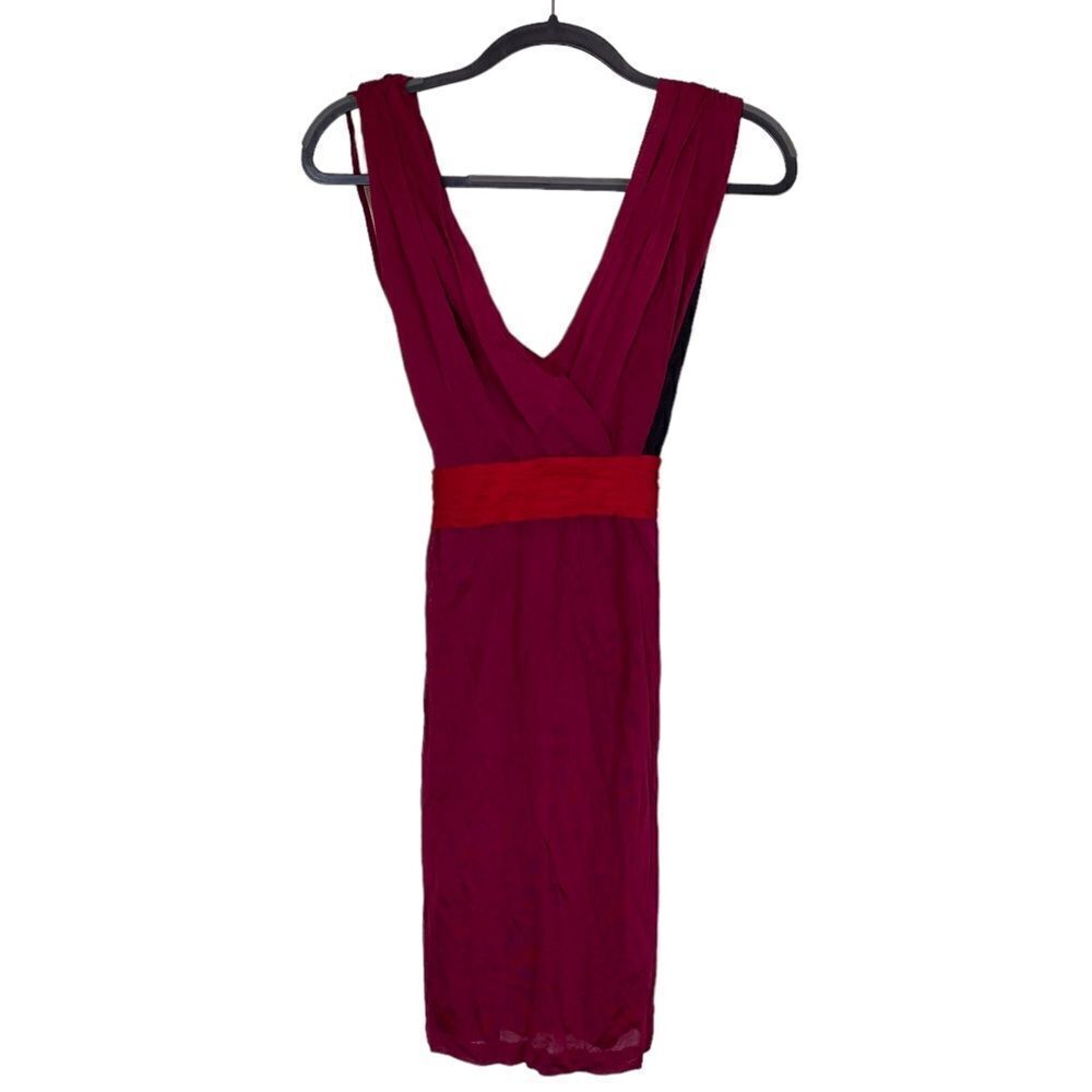 TED BAKER Magenta Pink Dress Red Sash Black Mesh Size 0 V Neck
